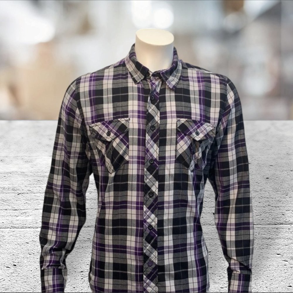 OP Ocean Pacific Purple Black White Plaid Shirt M